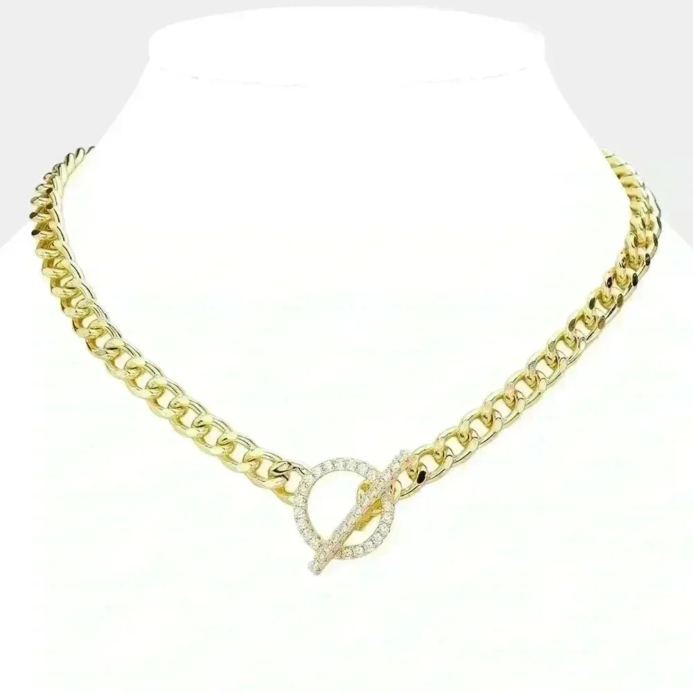 Gold & Stone Paved Necklace With T Bar Closure